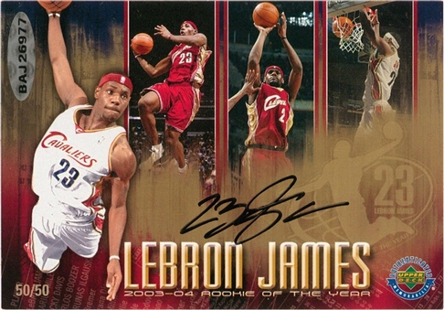 2003-04 UDA LeBron James "Rookie of the Year" Commemorative Signed Card (#50/50) – (UDA) 